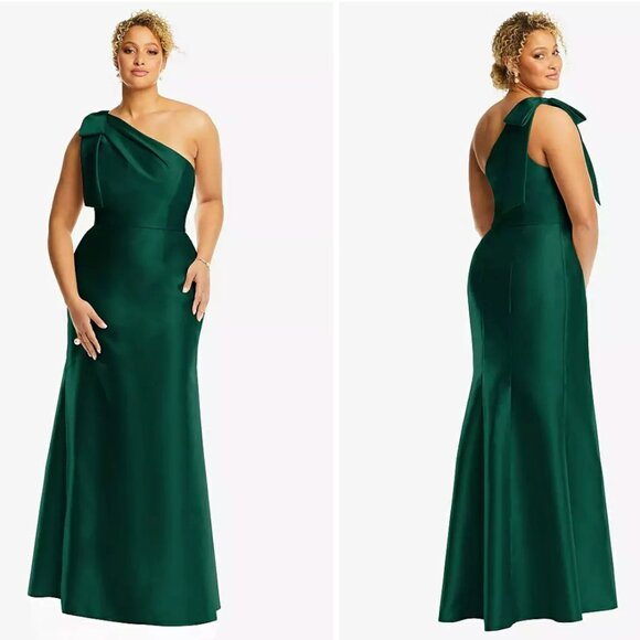 Alfred Sung D794 Bow One-Shoulder Satin Trumpet Gown Hunter Green Sz 14 NWT FLAW - Picture 1 of 14